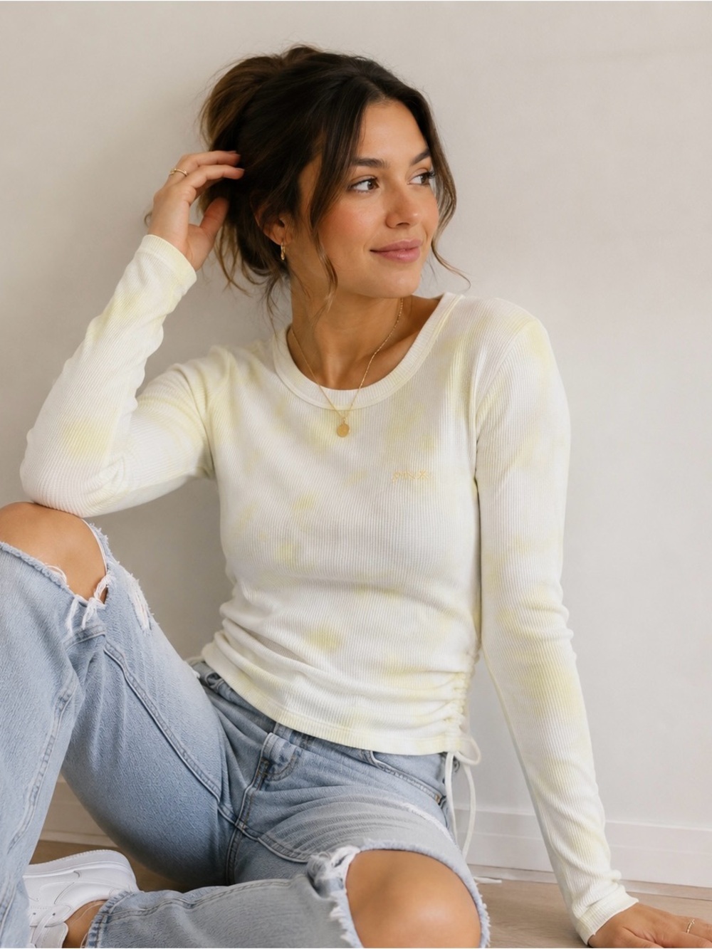 PINK Victoria’s Secret Ruched Thermal Long Sleeve Top Yellow Tie Dye Medium